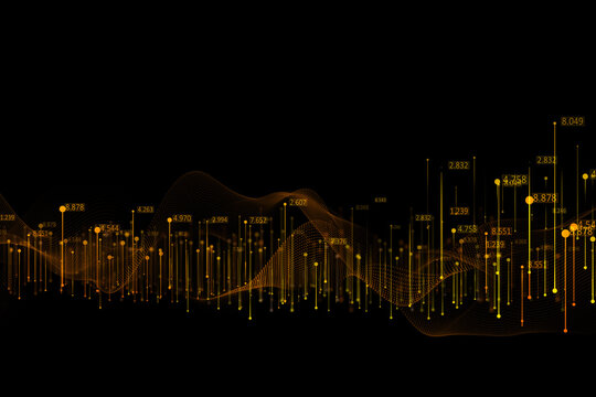 Stats and tech concept with digital abstract network connection wave and vertical lines releasing binary codes on dark background. 3D rendering