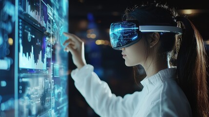 A woman using a virtual reality headset interacts with a digital display, showcasing advanced technology and immersive experiences.
