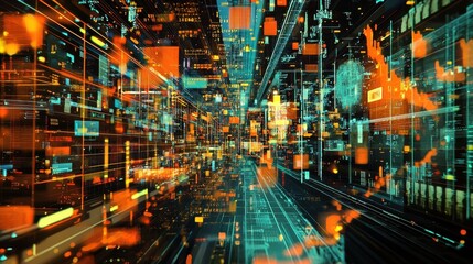 Futuristic digital landscape with vibrant neon colors, showcasing abstract technology and data flow in a high-tech environment.