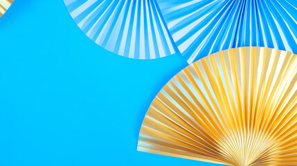 3D paper fans origami design golden blue background. asian new year style wallpaper fashion decoration