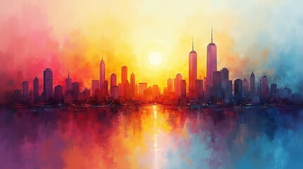 Obraz premium Abstract art representation of city skyline under a bright sky, blending shades of red, yellow, blue, and purple for a dynamic urban landscape