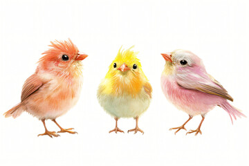Fototapeta premium Two little yellow chicks and two small birds isolated on a white background, symbolizing Easter with a cute and fluffy farm animal theme