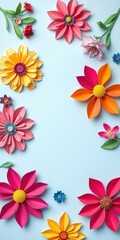 Vibrant handmade paper flowers in various colors placed on a light blue background with empty space in the center, light blue