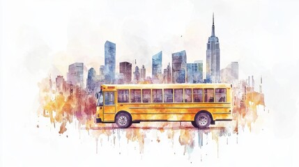 Obraz premium A vibrant watercolor illustration of a yellow school bus in front of a dynamic city skyline, capturing urban life and nostalgia.