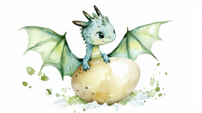 A whimsical dragon hatching from an egg, embodying fantasy and imagination in a charming watercolor illustration.