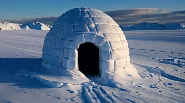 An igloo in snow, under a clear sky, suggests warmth and isolation.