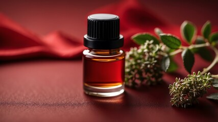 Aesthetic bottle of essential oil on a red silk background. Oregano on the side.