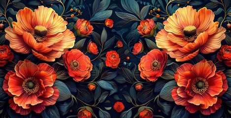 Fototapeta premium A painting of a bouquet of red flowers with blue leaves. Nouveau nature abstract pattern background