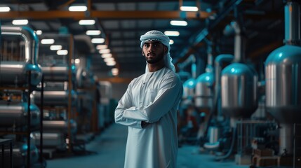 Confident man in traditional attire stands in a factory setting.