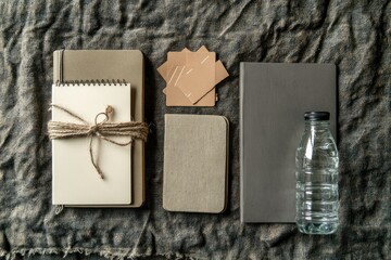 A flat lay of various stationery and a bottle of water on a fabric background.