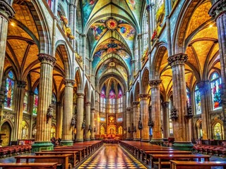 Obraz premium Stunning Panoramic View of the Majestic Interior of Duomo Milan Capturing the Intricate Architecture, Colorful Stained Glass, and Grand Aisles of This Iconic Cathedral