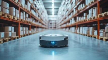 AI system managing logistics in a large warehouse automating inventory control and order fulfillment robots and sensors optimizing efficiency