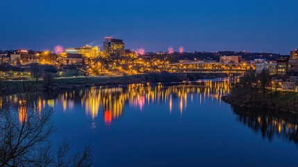 Vibrant cityscape lit up with fireworks celebrating New Year 2025, with colorful reflections over a calm river