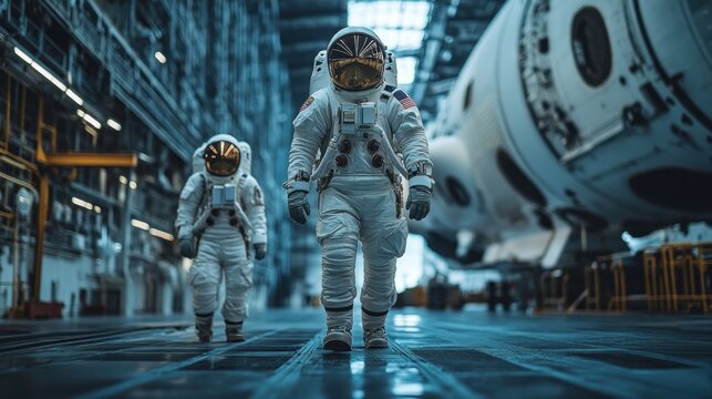 Astronauts preparing for a mission at a space center walking towards a spacecraft in full gear space exploration and aerospace innovation