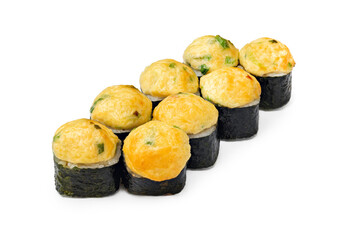 Japanese rolls, sushi baked with cheese on a white background, isolated.