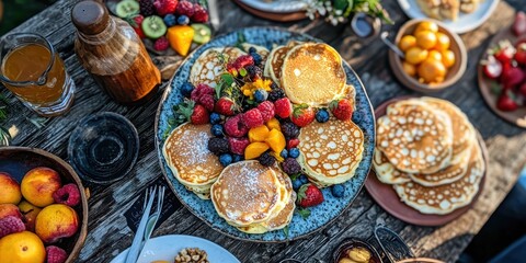 Fototapeta premium Festive New Year Celebration with Colorful Pancake Breakfast and Fresh Fruits on Rustic Wooden Table