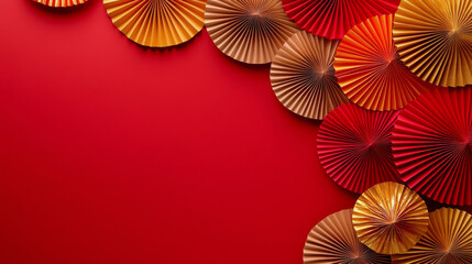 3D paper fans origami design golden red background. asian new year style wallpaper fashion decoration
