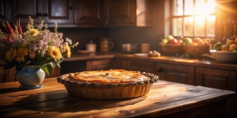 Naklejka premium A rustic kitchen table setting featuring a freshly baked pie, a bouquet of wildflowers, and the warm glow of the afternoon sun streaming through the window.