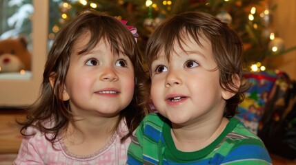 The photo shows two children (a boy and a girl) standing in front of a Christmas tree. They are smiling, have brown hair and are dressed in pink, green and blue clothes. This is a close-up shot