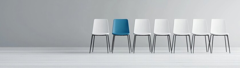 Minimalist row of chairs, one blue among white, visualizing recruitment and business potential