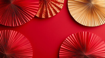 3D paper fans origami design golden red background. asian new year style wallpaper fashion decoration