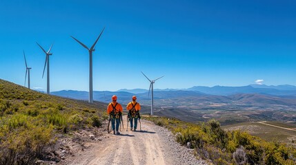 Fototapeta premium Workers maintaining wind turbines on a wind farm using safety harnesses for repairs tall turbines against a backdrop of clear skies and mountains