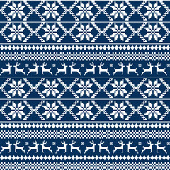 Seamless Christmas Reindeer and Snowflake Fair Isle, Traditional Fair Isle Pattern, Blue and White Fair Isle Knit for Winter Wonderland Weave