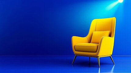 Bright spotlight on yellow chair amidst blue, metaphor for recruitment focus and exceptional talent