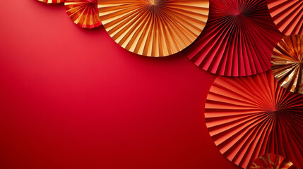 3D paper fans origami design golden red background. asian new year style wallpaper fashion decoration
