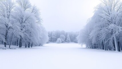 Fototapeta premium Vast empty snowy landscape with frosty trees, frost, winter scenery, panoramic