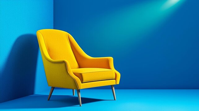 Bright spotlight on yellow chair amidst blue, metaphor for recruitment focus and exceptional talent