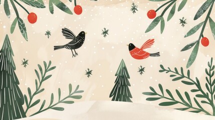 Simple illustration design with birds, plants and red fruits,suitable for cartoon pictures,wallpapers, etc