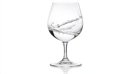 Water splash captured in a glass, sharp motion freeze with droplets on a white background, emphasizing fluidity