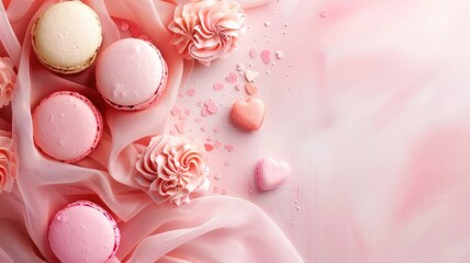 Many types of macarons and flowers on a pink background