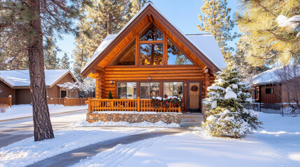 cozy winter cabin surrounded by snow covered pine trees, with welcoming front porch adorned with festive decorations. log cabin exudes warmth and charm in serene forest setting
