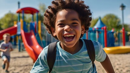 Joyful moments at the playground fill the sunny afternoon as children run and laugh, celebrating carefree childhood adventures. Generative AI