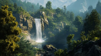 Naklejka premium A secluded waterfall surrounded by dense forest in the Tibetan Plateau