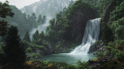 A secluded waterfall surrounded by dense forest in the Tibetan Plateau