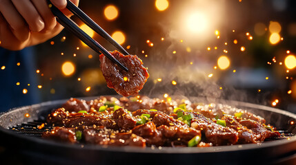 Sizzling Korean BBQ with beef and pork, top view, under bright studio lights for a professional food image
