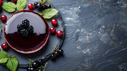 Classic blackcurrant cheesecake with a glossy fruit topping, isolated on a slate background with blackcurrant clusters