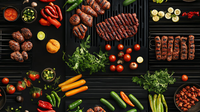 Meat and vegetables on Korean BBQ grill, top view, sharp commercial lighting for ultrarealistic textures