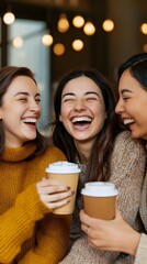 Three women are laughing and holding cups of coffee