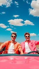 Obraz premium Two young men are sitting in a pink car, smiling and enjoying the view