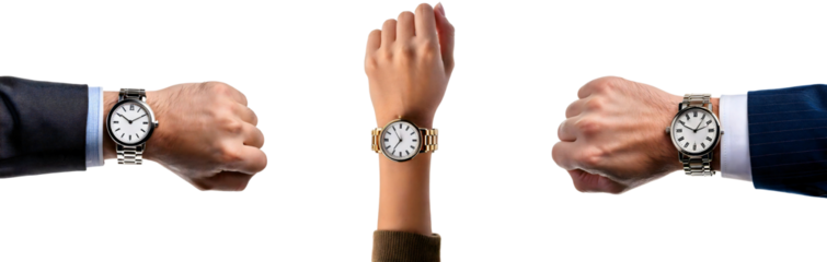 Three Hands Show Different Watches with Classic Designs in a Professional Setting, Highlighting Time Awareness and Personal Style Choices
