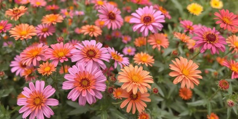 Vibrant pink and orange flowers blooming in a beautiful garden setting, outdoor, scene, beauty