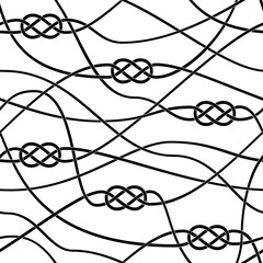 Seamless pattern tile of black knots and interlaced ribbons on white. No AI used