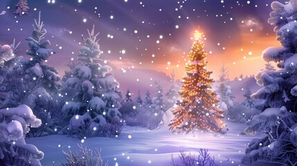 A beautiful Christmas tree stands in a snowy forest, lights sparkle, snowflakes fall, and the sky is a vibrant purple and orange, creating a festive and joyful atmosphere.