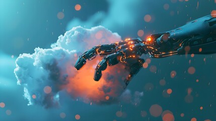 Robot hand Connection in a Digital Landscape with Cloud computing for data storage and transfer for safety Cloud icon with data icon with Blue glowing cloud with a circuit board below it cloud concept
