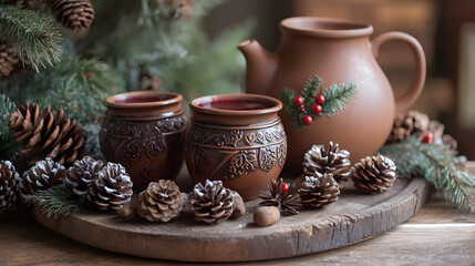 Fototapeta premium Rustic setting with mulled wine served in clay mugs and pine cones.