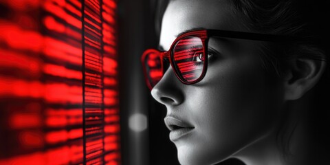 Woman wearing red glasses by the window